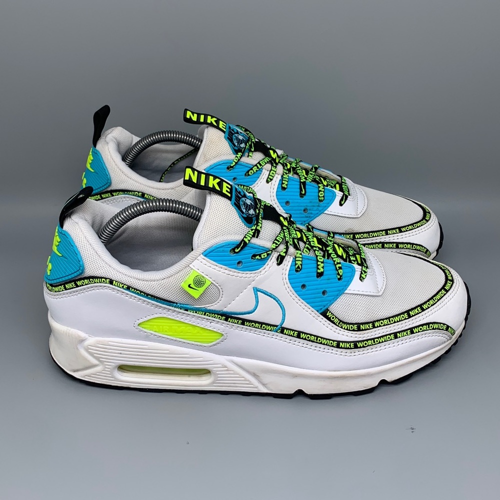 Nike Air Max 90 SE Worldwide White/Blue Volt Running Shoes CZ6419‑100 Men’s 11.5